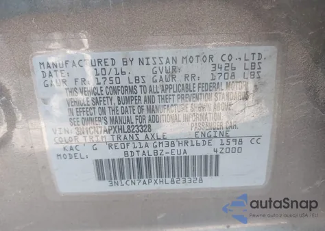 2017 Nissan Versa 1.6 Sv z USA, uszkodzony, nr VIN 3N1CN7APXHL823328